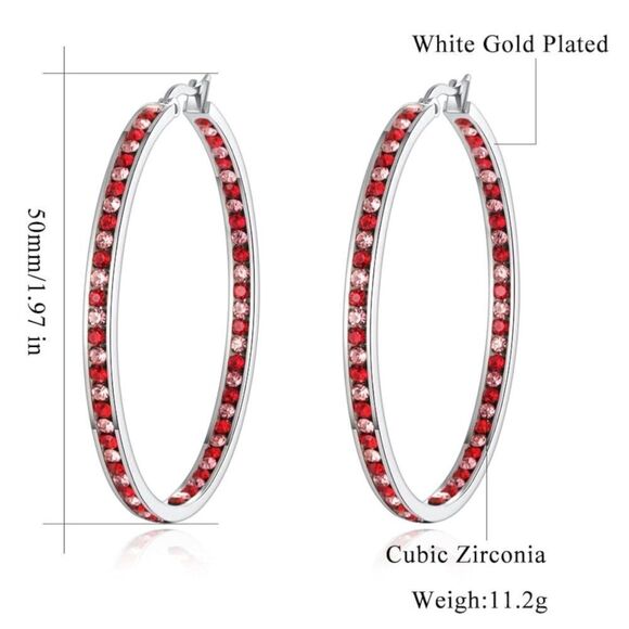 14K White Gold with Ruby Red and Pink Sapphire Cubic Zirconia Big Hoop Earrings - Picture 5 of 5